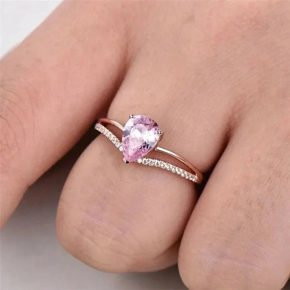 18K Rose Gold Pear Shaped Pink Teardrop Ring - Picture 5 of 6